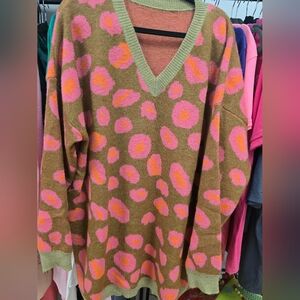 Vibrant Pink and Green V-Neck Sweater